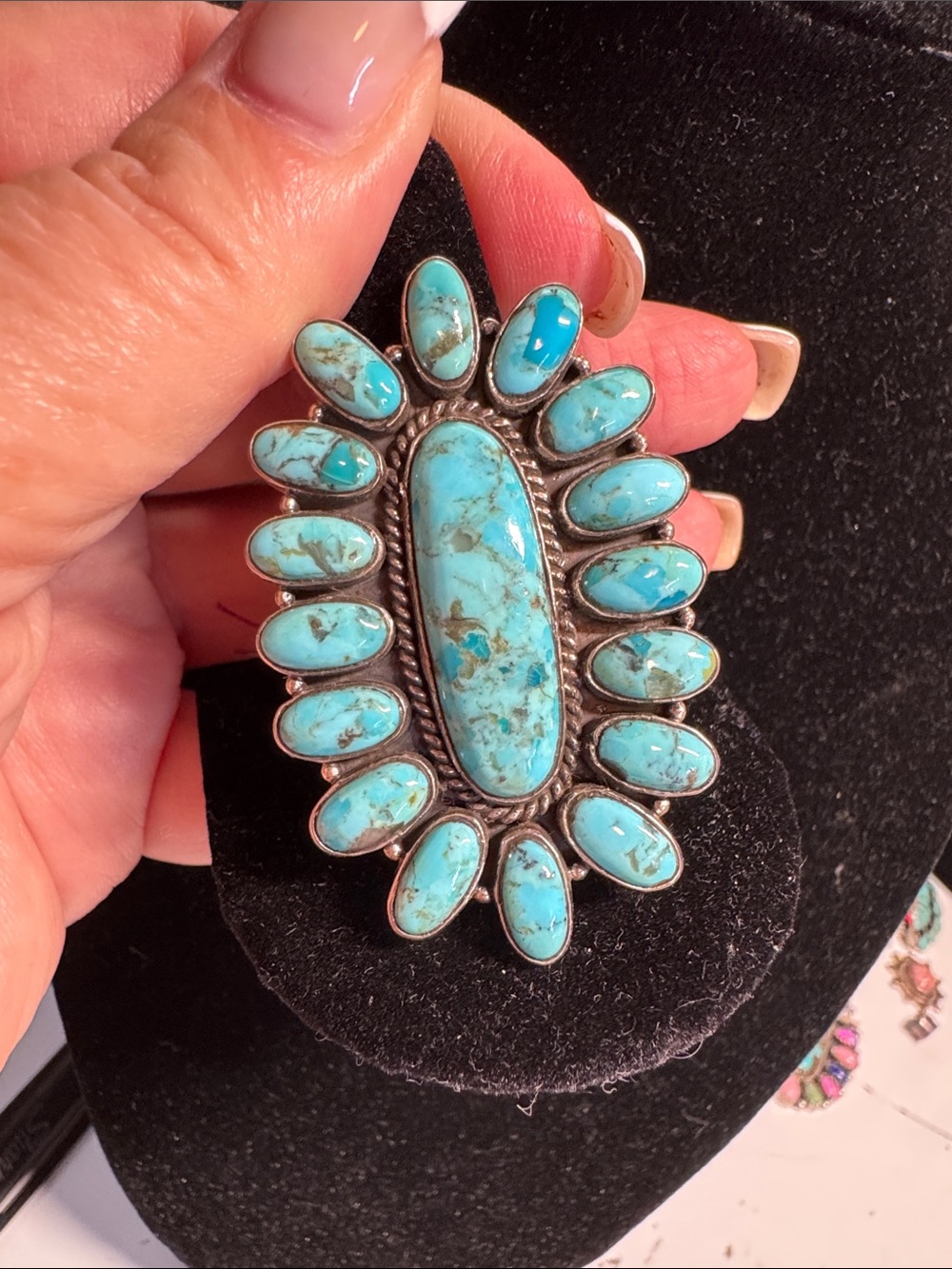 Kingsman Turquoise Cluster Statement Ring - Blue Turquoise Silver Setting Sz 10